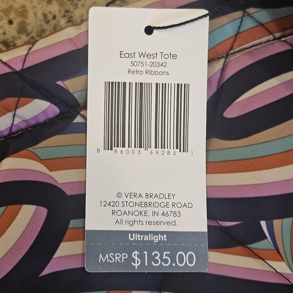 Vera Bradley Ultralight Tote Colorful Retro Ribbons NWT Water Repellent Fabric - Picture 3 of 7